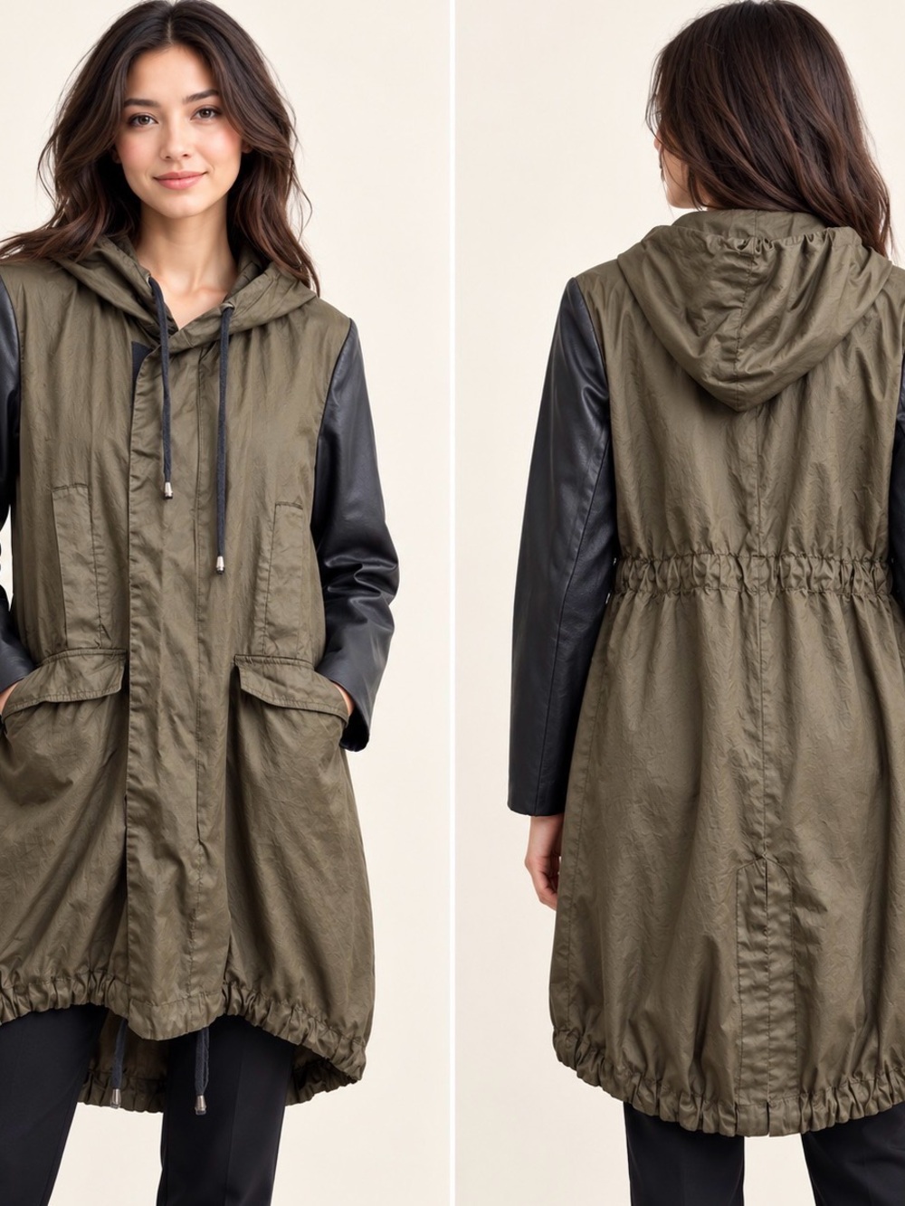 Zara Woman Olive Green Hooded Utility Jacket Faux Leather Sleeves M